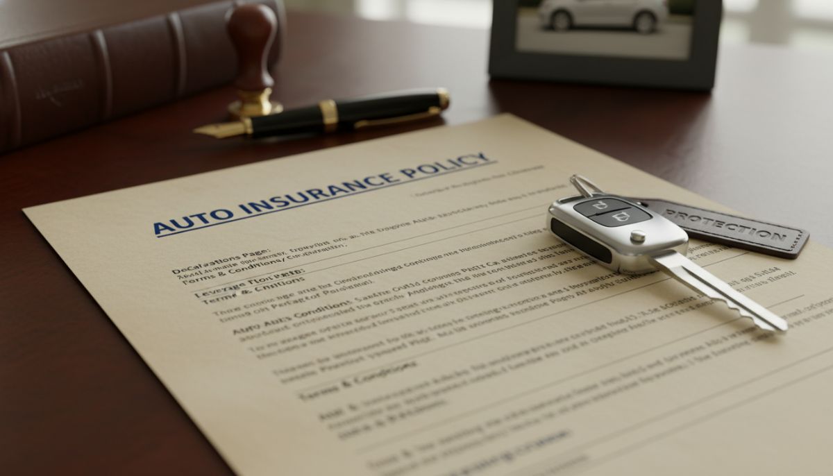 A close-up of a legal document titled 'Auto Insurance Policy' sitting on a mahogany desk next to a silver car key, symbolizing the importance of the agreement.