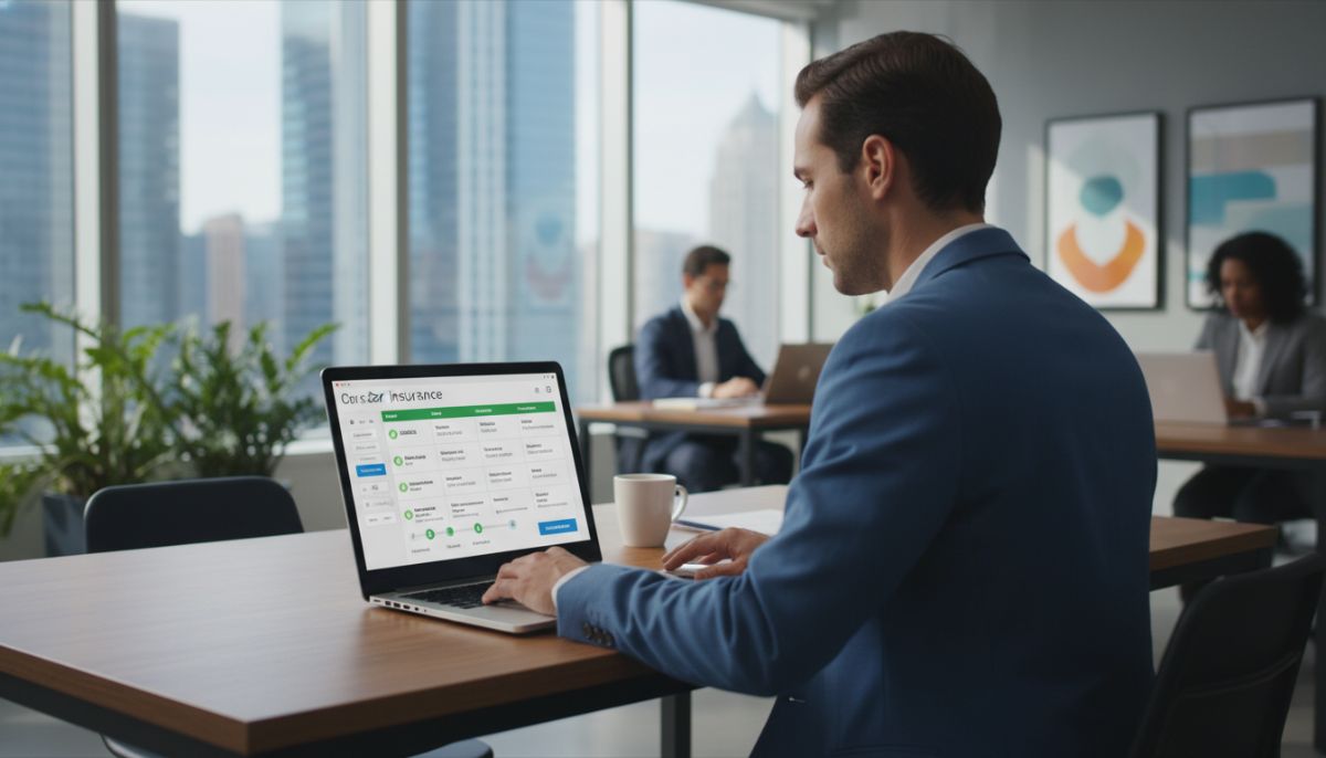 A professional person comparing multiple car insurance quotes on a laptop screen with a modern office background, showing digital comparison tools.