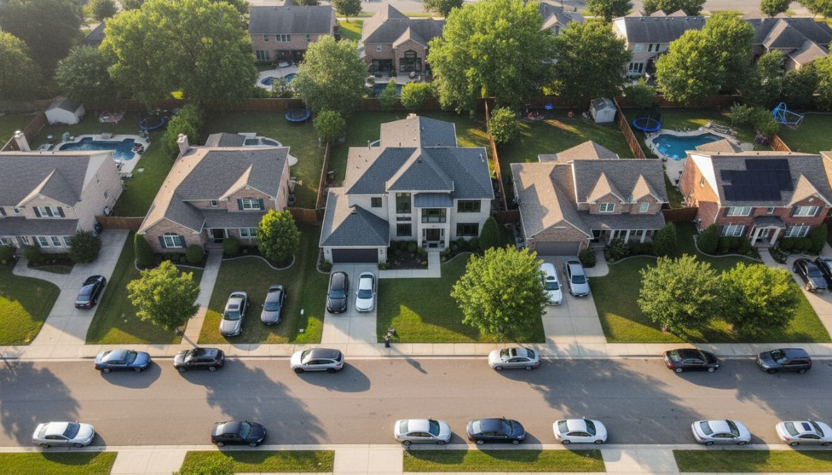 An aerial view of a safe residential street with various parked cars, symbolizing the diversity of insurance needs for different vehicles and homeowners.