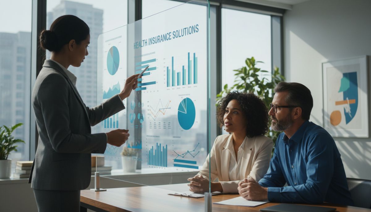 A professional financial advisor pointing at a digital screen showing complex health insurance comparison charts to a diverse middle-aged couple, hyper-realistic, corporate office environment, soft natural lighting.