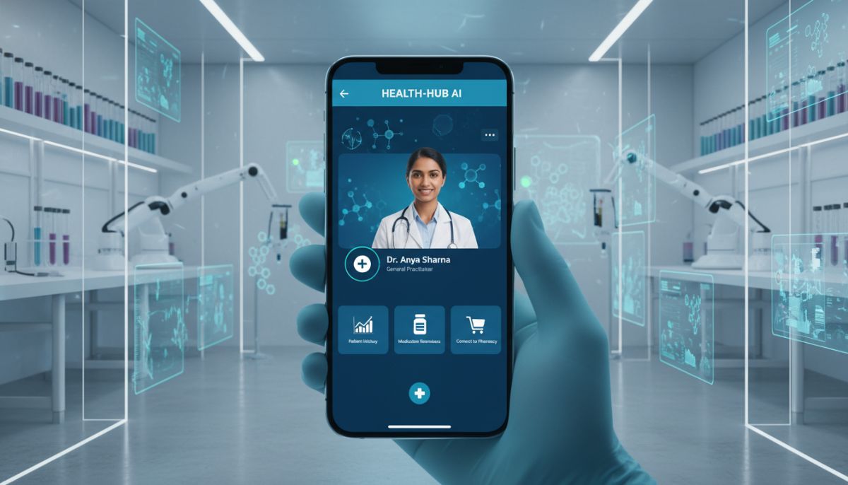 A high-tech medical laboratory setting with a focus on a smartphone displaying a sophisticated healthcare app interface with telemedicine features and virtual doctor consultation, clean minimalist aesthetic.