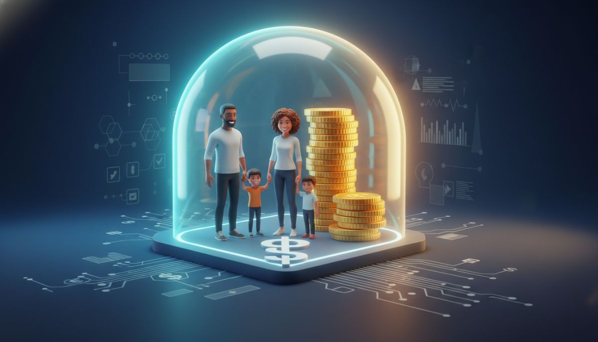 A conceptual 3D illustration of a glowing medical shield protecting a diverse family of four and a stack of gold coins, symbolizing the intersection of health security and financial stability.