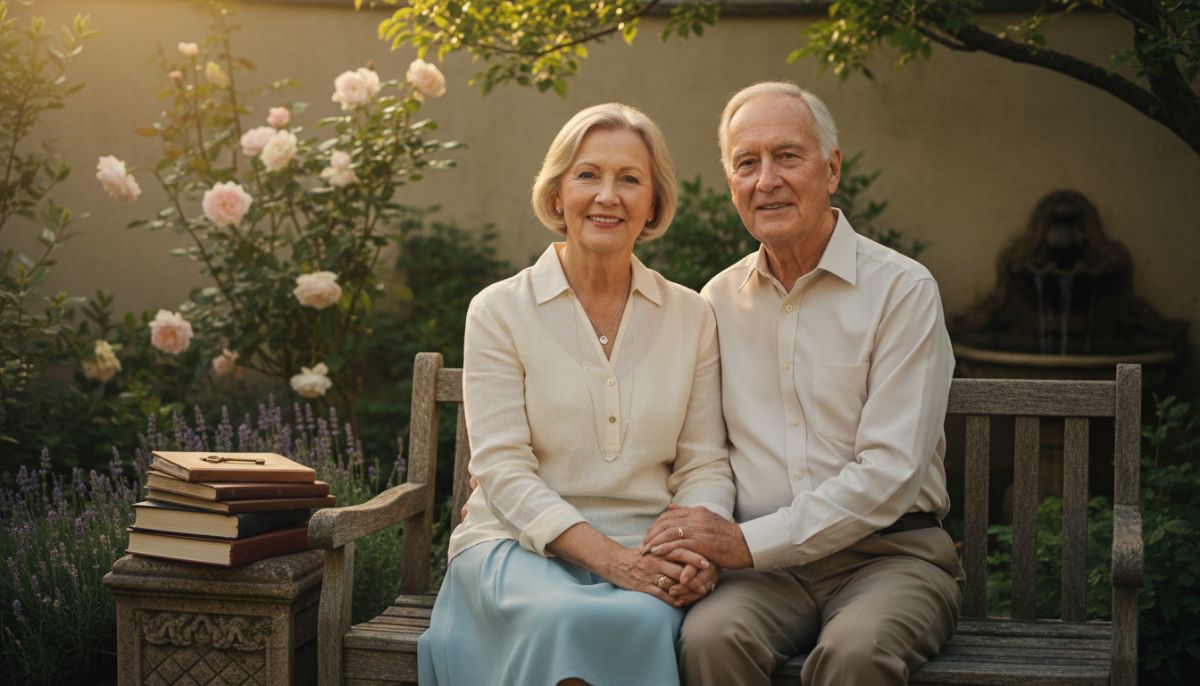 A professional and serene photograph of an elderly couple sitting in a sunlit garden, holding hands and looking relaxed, symbolizing financial peace of mind.