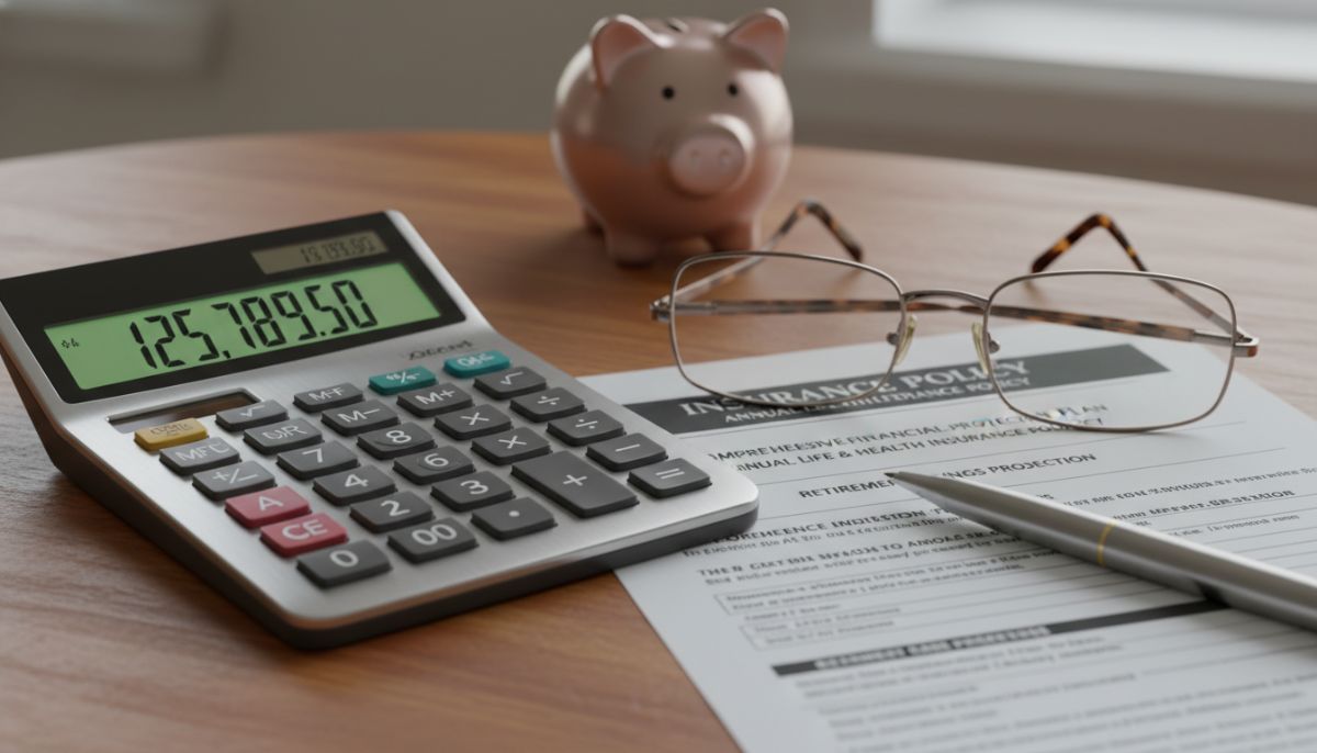 A high-quality close-up of a digital calculator, a pair of glasses, and an insurance policy document on a wooden desk, emphasizing careful financial planning.