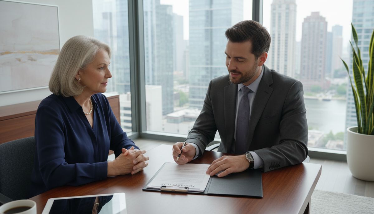 An insurance agent in a formal suit explaining a document to a senior client in a modern, professional office setting with large windows.