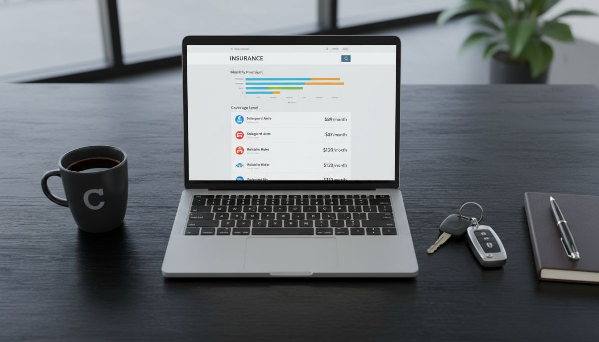 A professional high-angle shot of a sleek office desk featuring a laptop displaying a modern insurance comparison website with colorful bar charts and price lists, a coffee mug, and a set of car keys on the side.