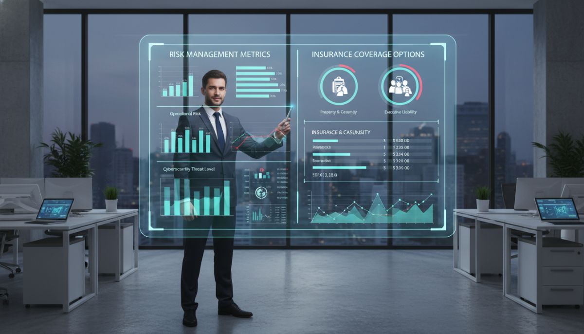 A professional business consultant in a formal suit pointing at a digital dashboard displaying various risk management metrics and insurance coverage options in a sleek, modern corporate office.