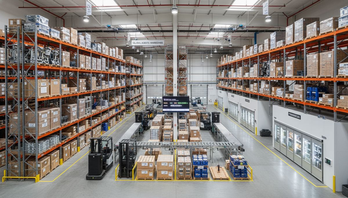A wide-angle interior shot of a well-organized commercial warehouse with high-end equipment and inventory, symbolizing physical assets that require commercial property insurance protection.