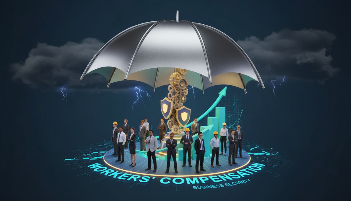 A conceptual 3D illustration of a large umbrella sheltering a group of diverse professionals standing on a financial graph, representing the protective nature of workers' compensation and business security.