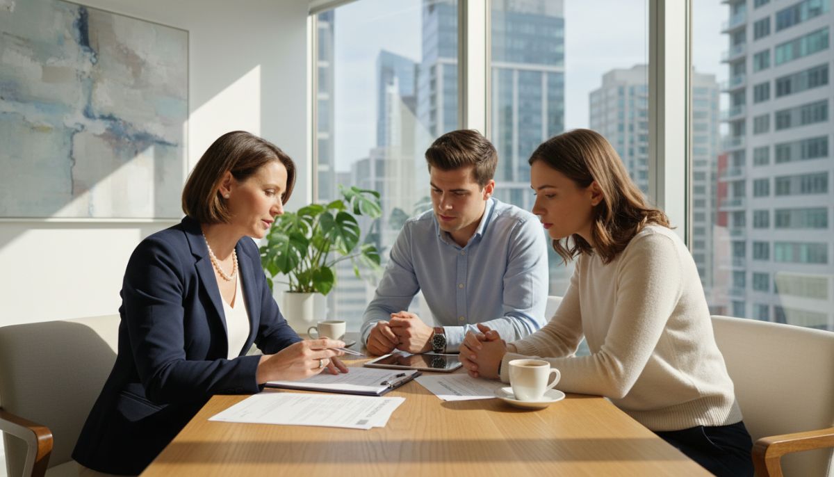 A professional financial advisor sitting across from a young couple in a modern, sunlit office, explaining insurance documents on a wooden desk.