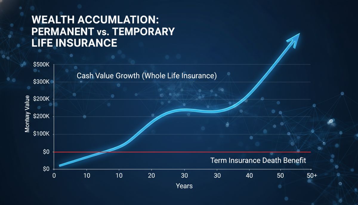 A detailed infographic or conceptual 3D chart showing a steady upward curve representing the growth of cash value over decades compared to a flat line of term insurance.