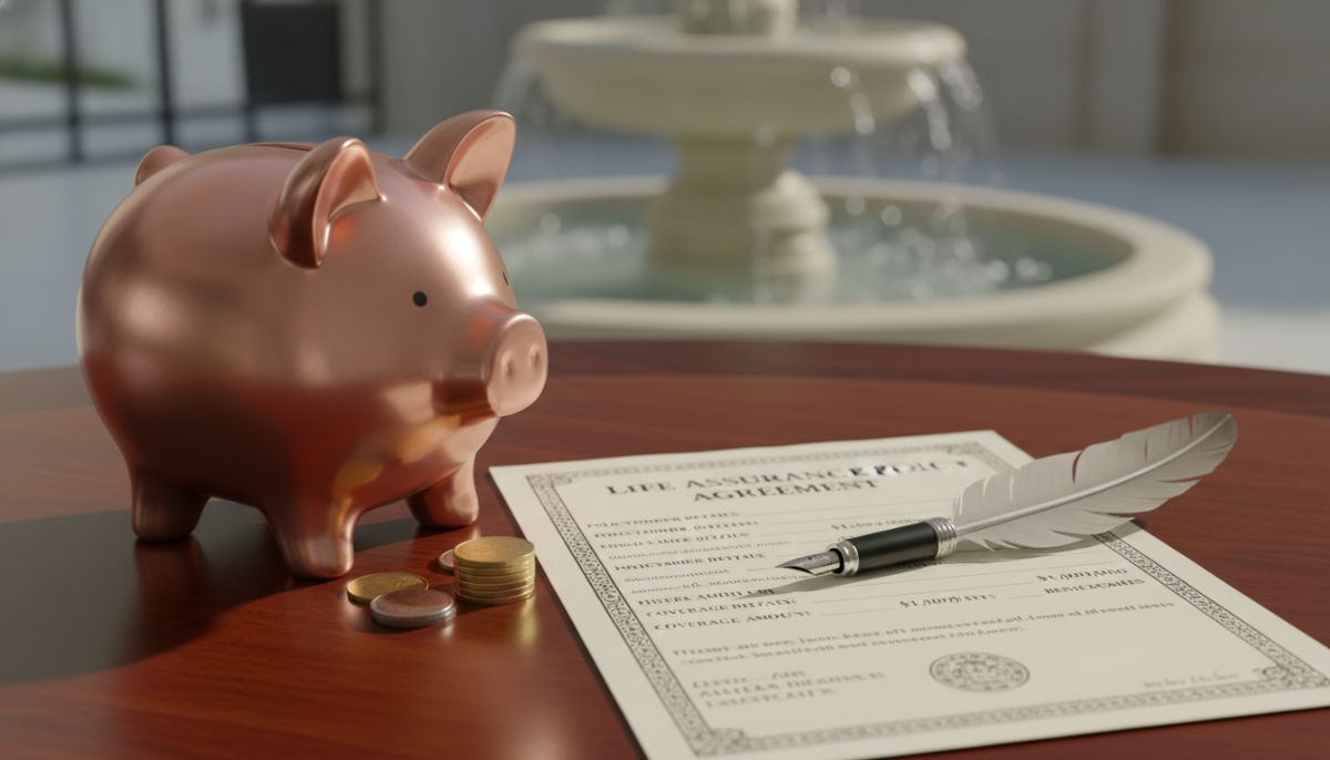 A piggy bank standing next to a formal life insurance policy document with a fountain pen, symbolizing the combination of savings and protection.