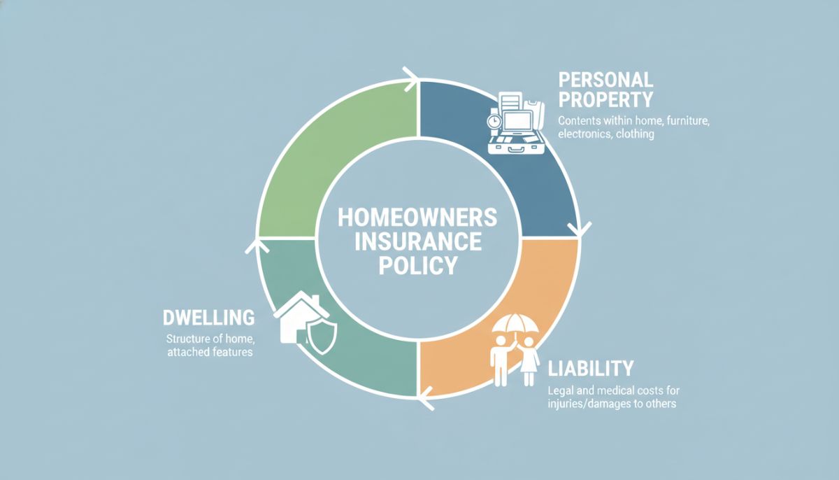 A professional infographic showing the different components of a homeowners insurance policy, including dwelling, personal property, and liability icons, organized in a clear circular diagram.