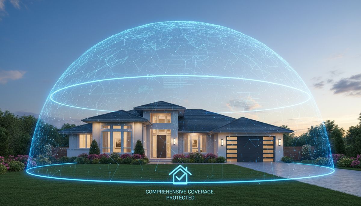 A modern suburban house with a protective digital shield or glowing blue umbrella over it, symbolizing comprehensive insurance coverage and safety.
