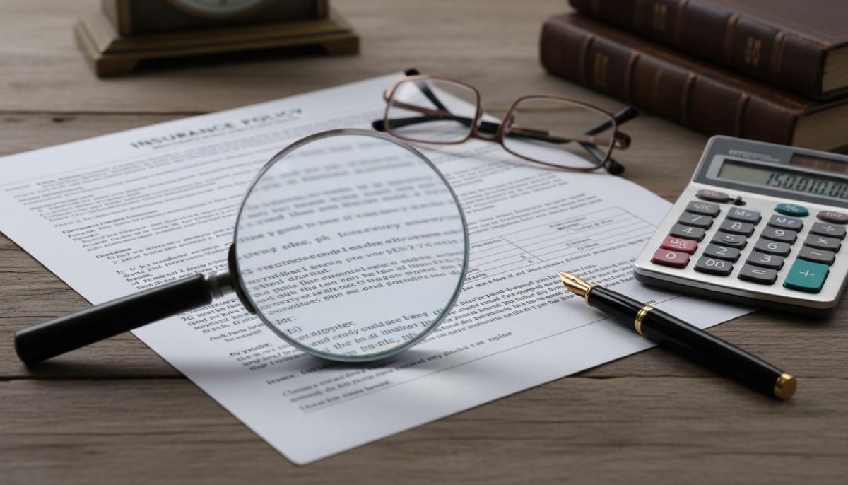 A closeup of a detailed insurance policy document on a wooden desk with a magnifying glass, a calculator, and a pen, representing financial planning and meticulous policy review.